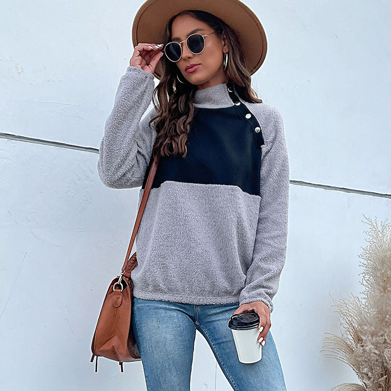 Damen Kuscheliger Teddy-Fleece-Pullover mit Stehkragen und Druckknopfleiste Echoarchiv