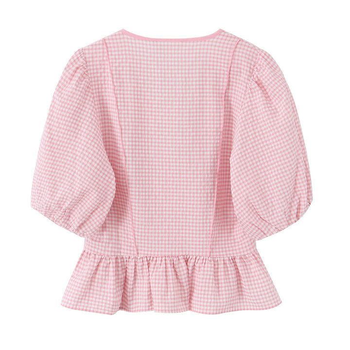 Damen Vichy-Karo Bluse mit tiefem V-Ausschnitt, Puffärmeln und Schößchen Echo Archiv