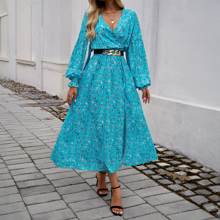 Damen Wickelmidikleid mit V-Ausschnitt, Ballonärmeln und taillierendem Gürtel – Élara