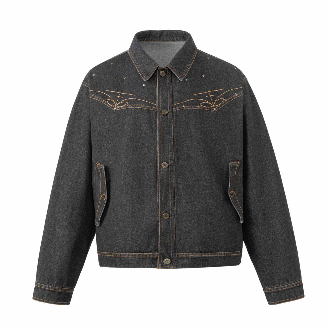 Unisex Boxy-Jeansblouson mit Sternstickerei und Ziernieten Echoarchiv