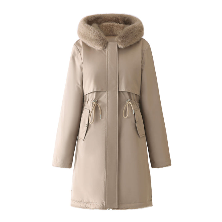 Damen langer Parka mit abnehmbarer Kunstfellkapuze und taillenverstellendem Kordelzug – Montévia
