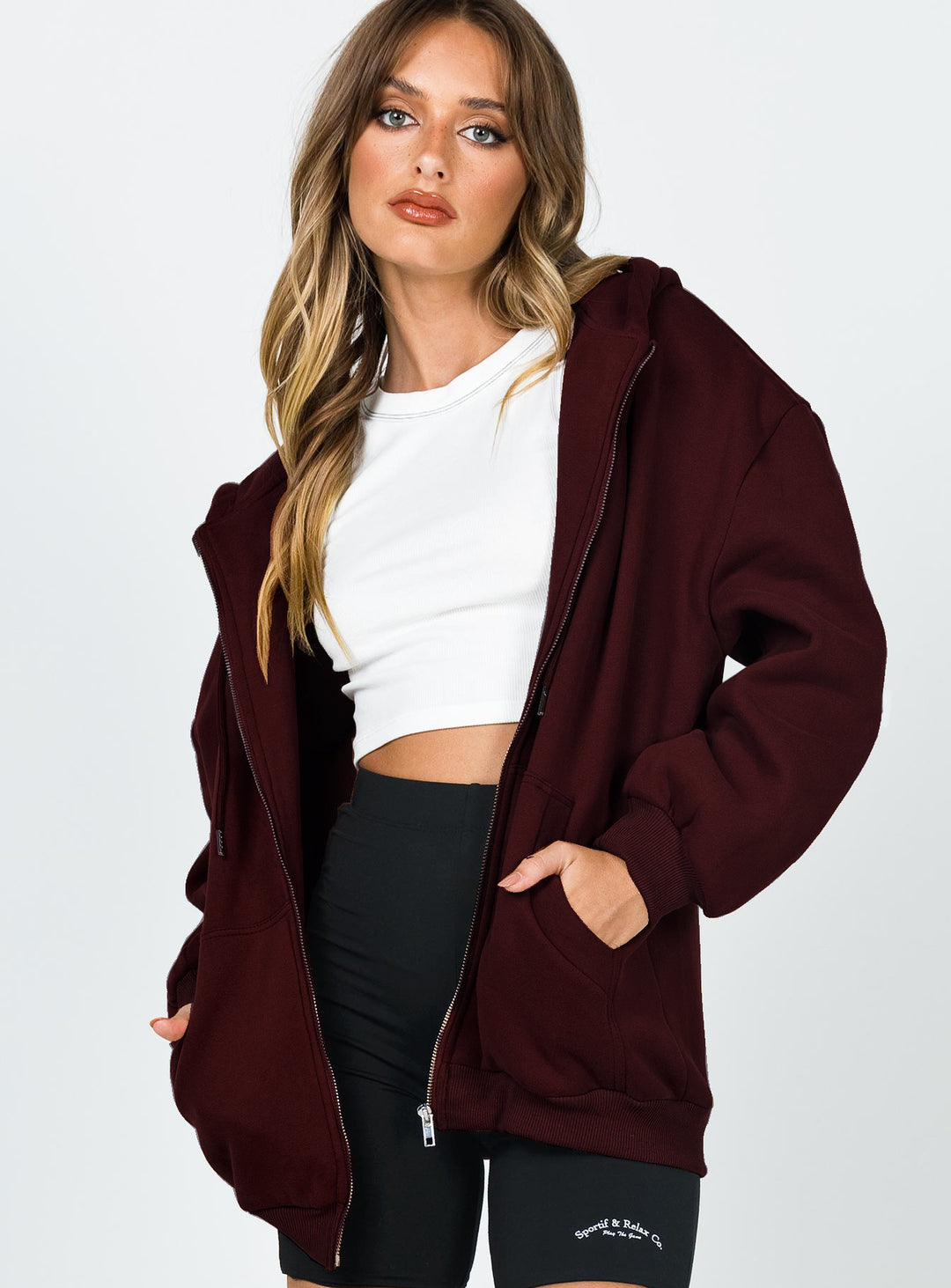 Damen nan lässige Zip-Hoodie-Jacke im Boxy-Cut mit überschnittener Schulter, verdecktem Tunnelzug und großen Kängurutaschen Echo Archiv