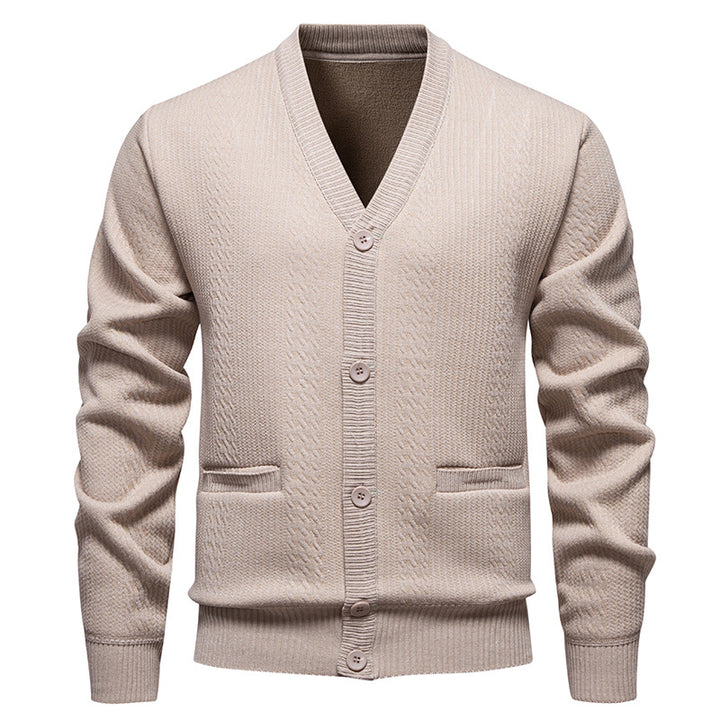 Herren Texturierter V-Ausschnitt Strickcardigan mit Knopfleiste und Eingrifftaschen Echo Archiv