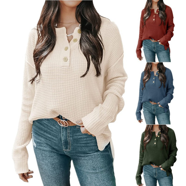 Damen nan lockerer Waffelstruktur Henley Pullover mit Knopfleiste und überschnittener Schulter Echo Archiv