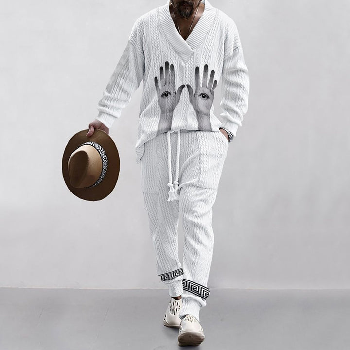 Herren lässiges Freizeit-Outfit mit Palmenmuster und V-Ausschnitt Echoarchiv