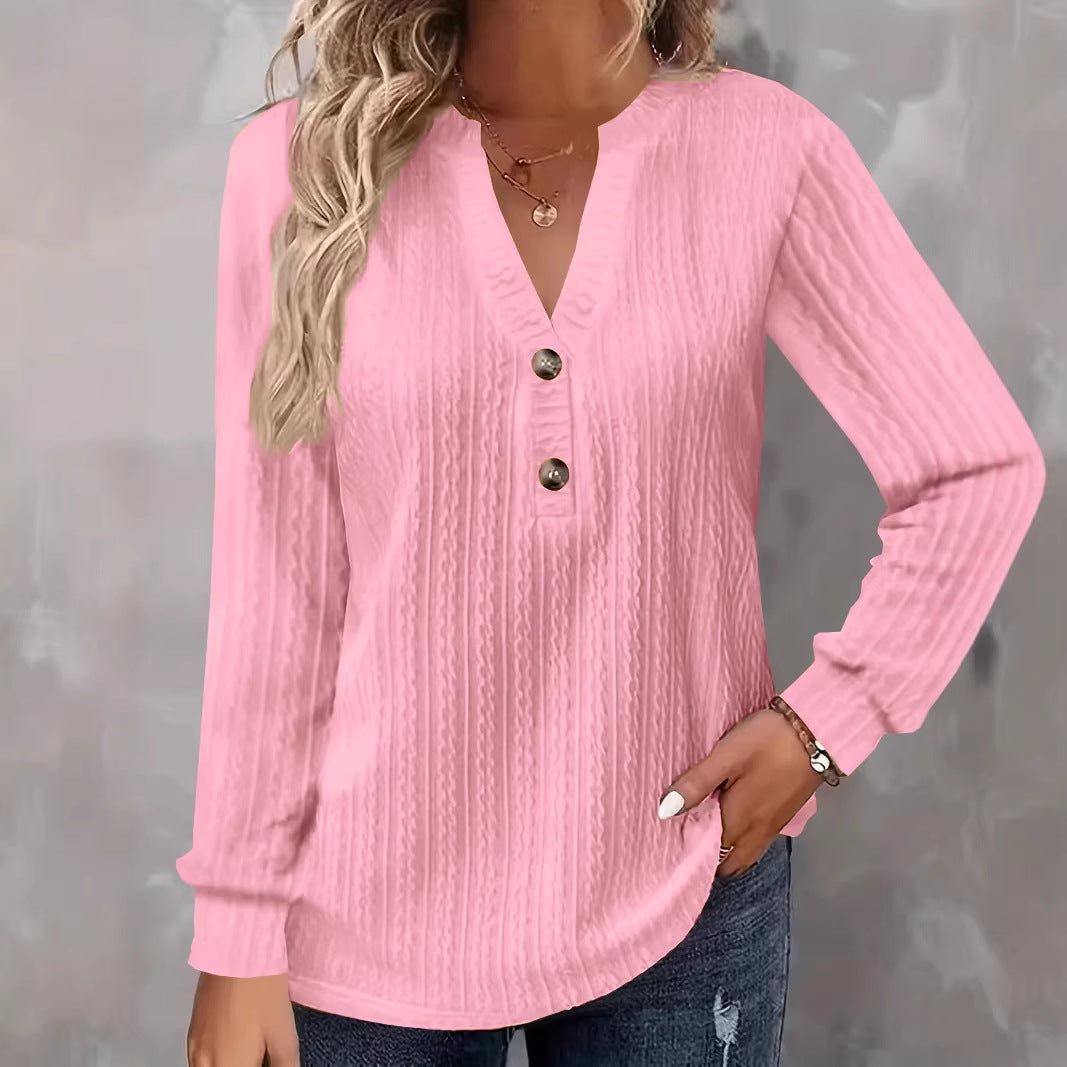 Damen Strukturiertes V‑Neck Langarmshirt mit Zierknopfleiste – Avérine