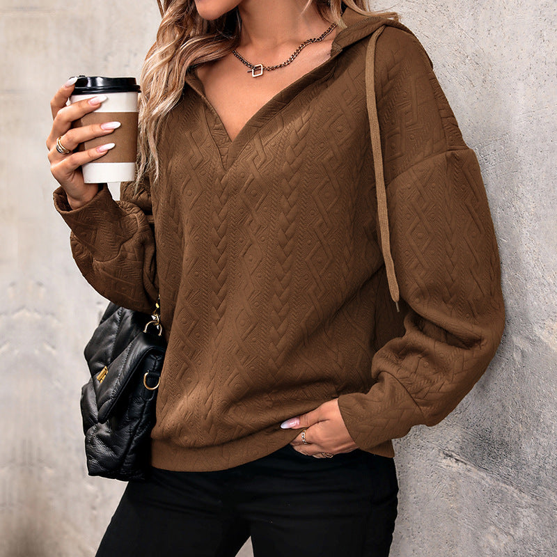Damen Strukturiertes Zopfmuster-Kapuzen-Sweatshirt mit V-Ausschnitt und Ballonärmeln Echoarchiv