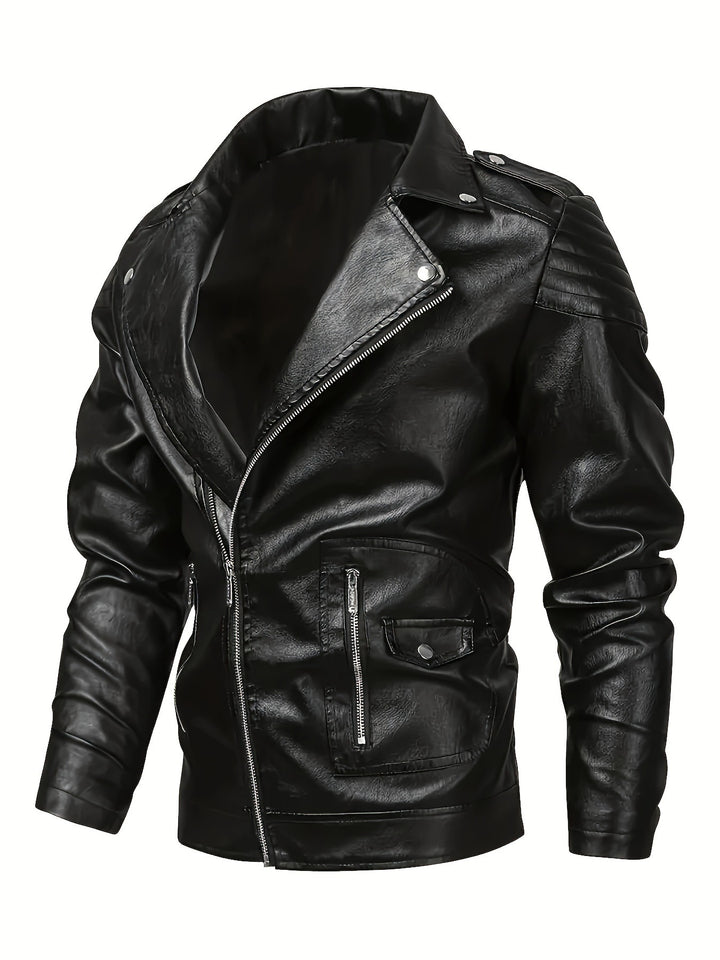 Herren Asymmetrische Bikerjacke aus Kunstleder mit gesteppten Schulterpaddings und Utility‑Taschen Echo Archiv