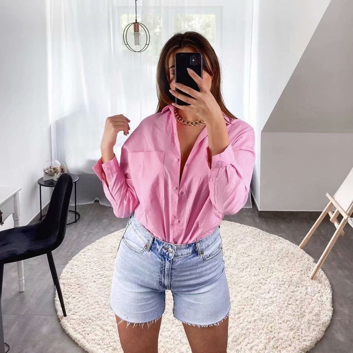 Damen Oversize-Hemdbluse mit rundem Saum, Brusttasche und überschnittenen Schultern Echo Archiv