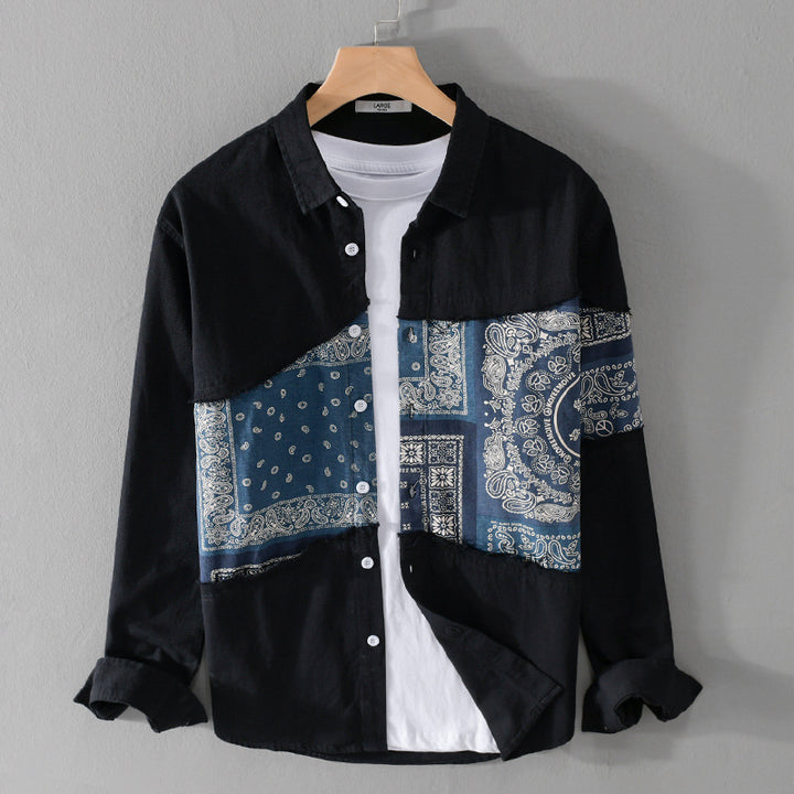 Herren Patchwork-Hemdjacke mit Bandana-Einsatz, rohen Kanten und weiter Passform Echoarchiv