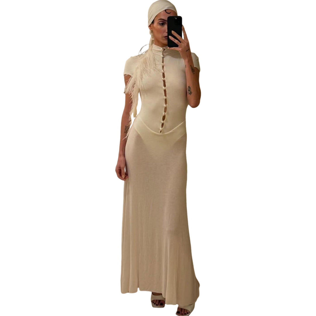 Damen Elegantes Maxikleid mit kurzer Knopfleiste und transparentem Stoff Echo Archiv