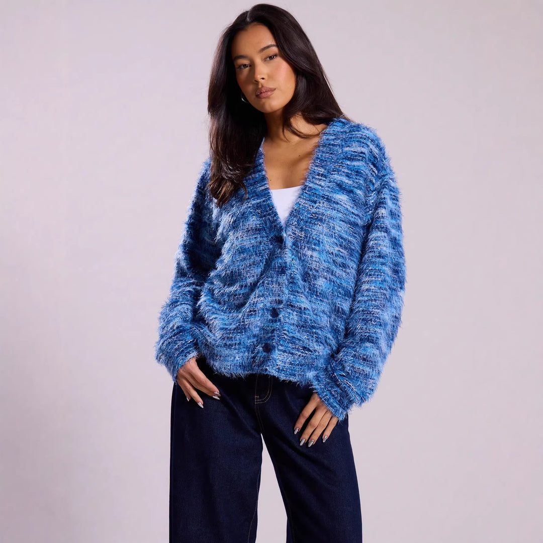 Damen Oversize-Flauschpullover mit weitem Carmen‑Ausschnitt und melierter Strickstruktur Echo Archiv