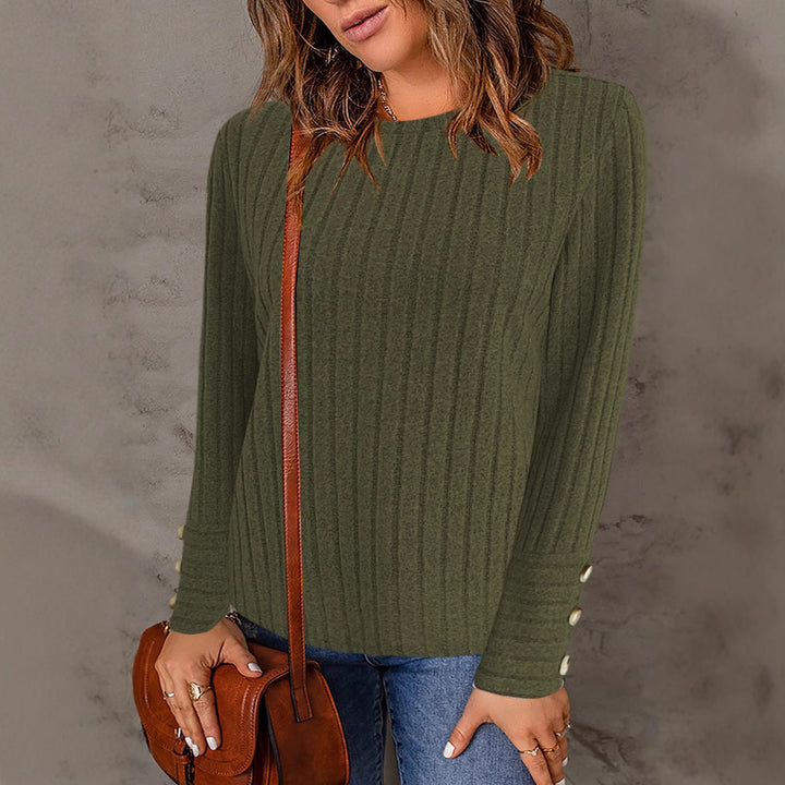 Damen Gerippter Feinstrickpullover mit Rundhalsausschnitt und Zierknopf‑Manschetten Echoarchiv