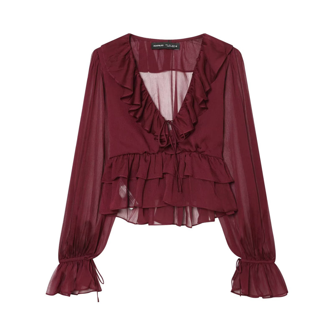 Damen Chiffon-Croppedbluse mit Rüschenvolant, Bindeband und Ballonärmeln Echo Archiv