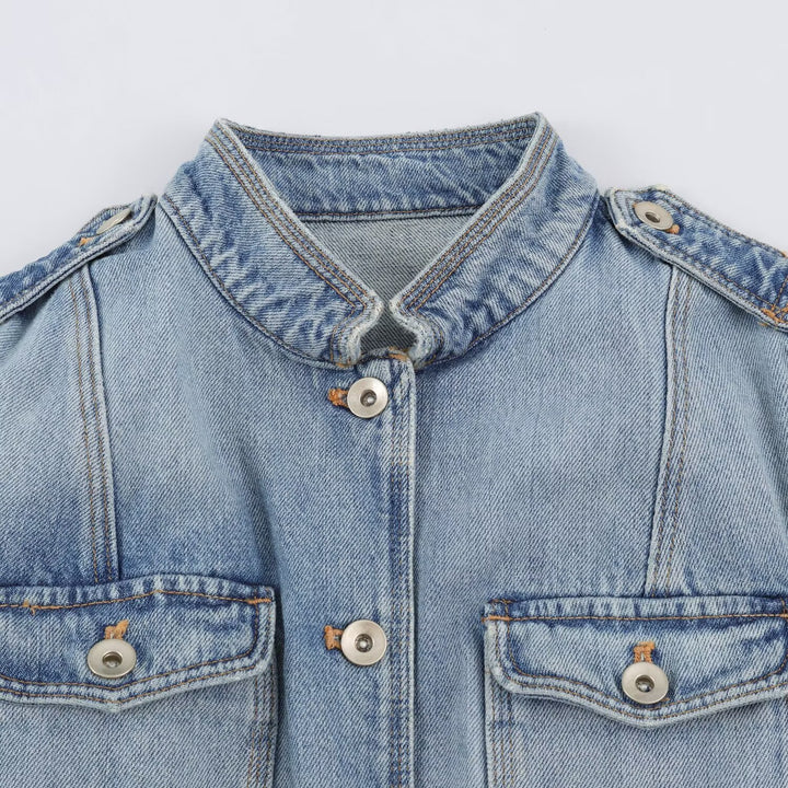 Damen Utility-Denimjacke mit Stehkragen, Pattentaschen und Epauletten Echo Archiv