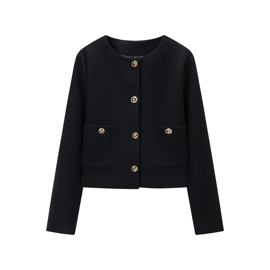Damen Cropped Wollmix-Jacke mit Rundhalsausschnitt, aufgesetzten Taschen und goldfarbenen Zierknöpfen Echoarchiv