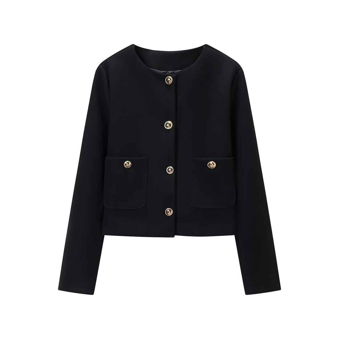 Damen Cropped Wollmix-Jacke mit Rundhalsausschnitt, aufgesetzten Taschen und goldfarbenen Zierknöpfen Echoarchiv
