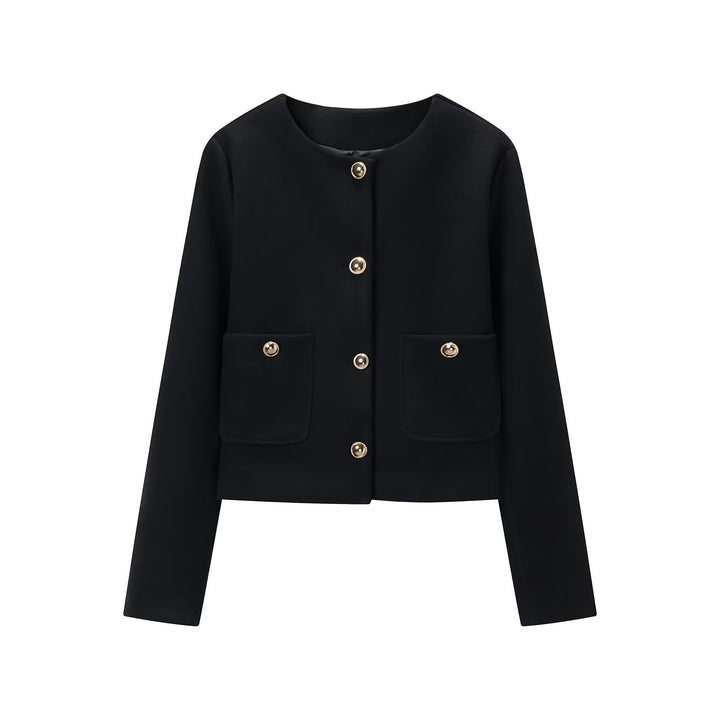 Damen Cropped Wollmix-Jacke mit Rundhalsausschnitt, aufgesetzten Taschen und goldfarbenen Zierknöpfen Echoarchiv