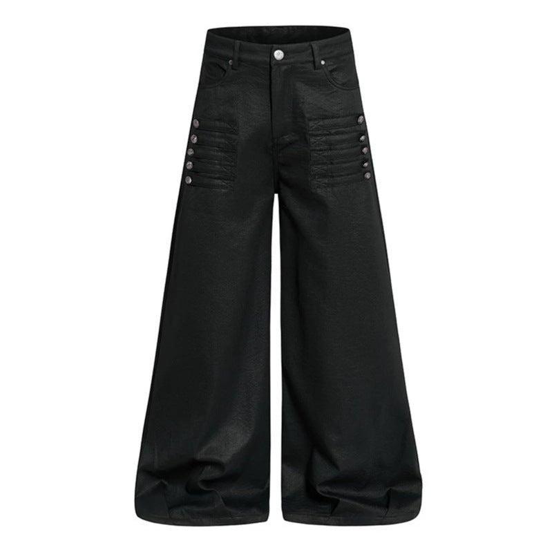 Damen Weite hochgeschnittene Palazzo-Hose mit beschichteter Lederoptik, extra weitem Bein und Statement-Print Echoarchiv