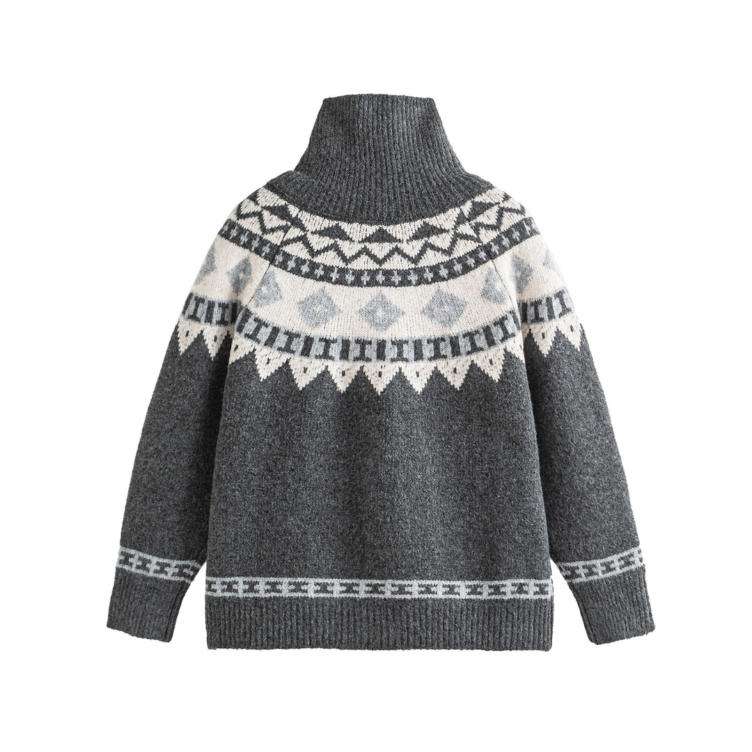 Damen Norwegermuster Strickcardigan mit hohem Stehkragen und Knebelverschlüssen Echoarchiv