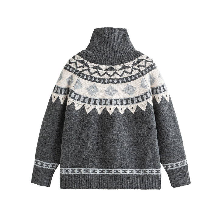 Damen Norwegermuster Strickcardigan mit hohem Stehkragen und Knebelverschlüssen Echoarchiv