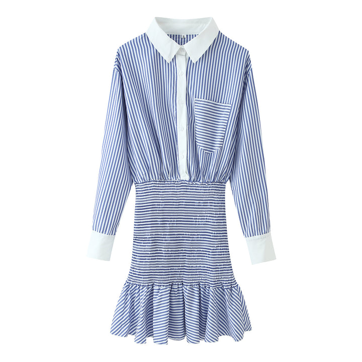 Damen Gestreiftes Hemdblusenkleid mit Taillen-Smokung, Schößchen und Kontrastkragen Echoarchiv