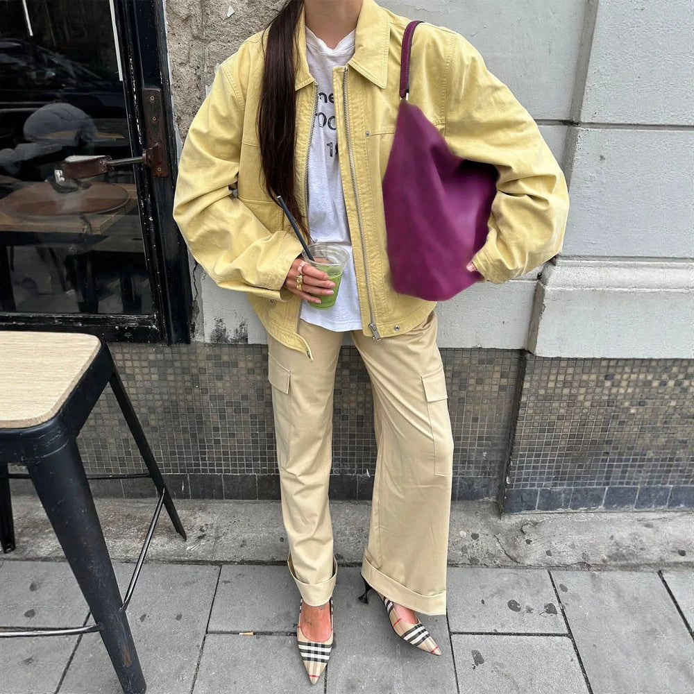 Damen Boxy-Canvas-Jacke mit Reißverschluss, Pattentaschen und Taillen-Zug Echoarchiv