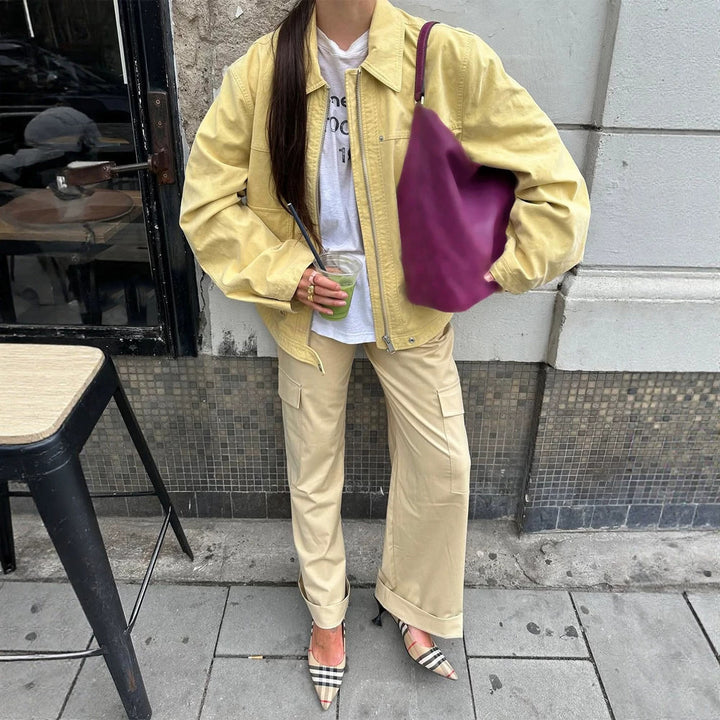 Damen Boxy-Canvas-Jacke mit Reißverschluss, Pattentaschen und Taillen-Zug Echoarchiv