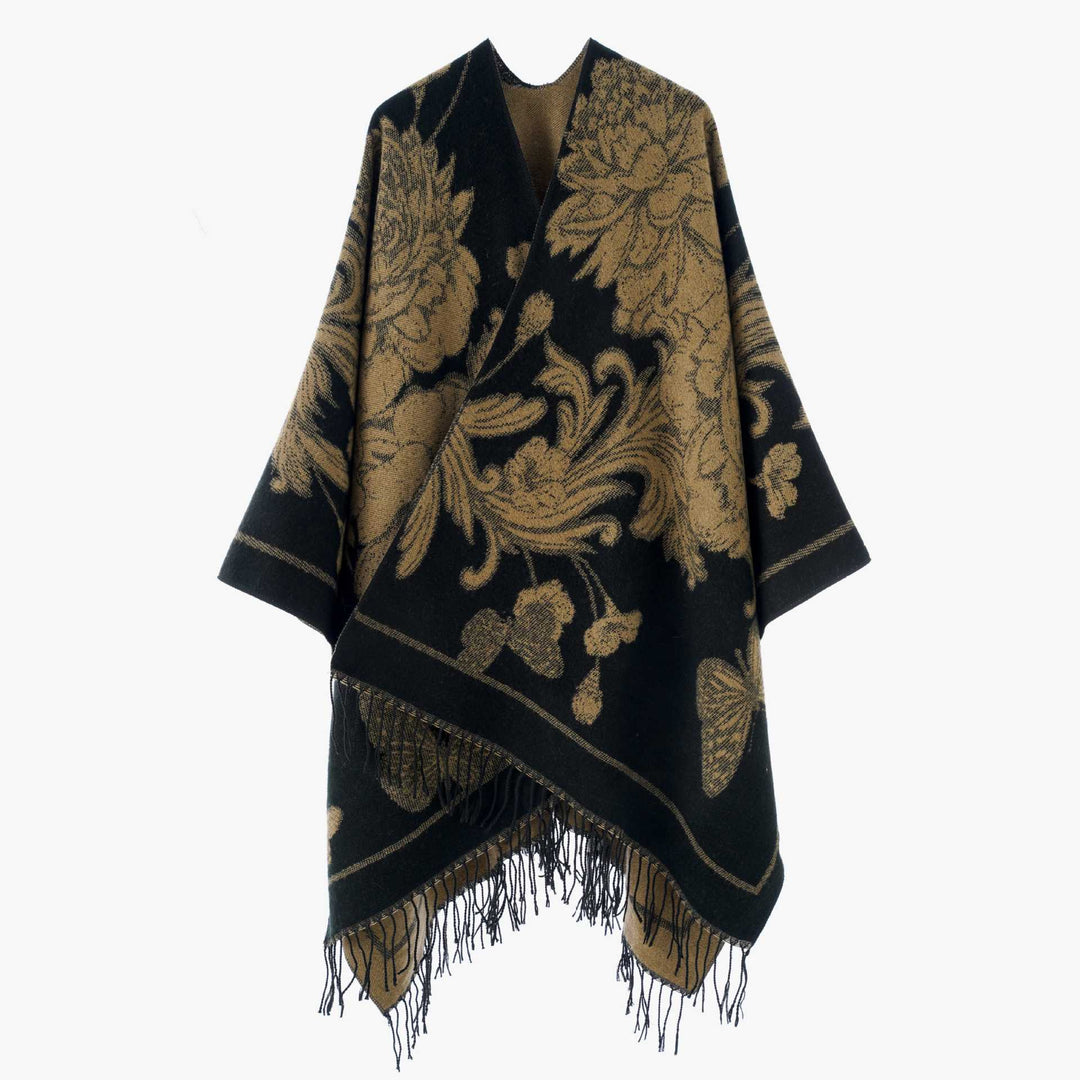 Damen Wendbarer Strickcape-Poncho mit Fransen und kontrastierenden Streifen – Avérine