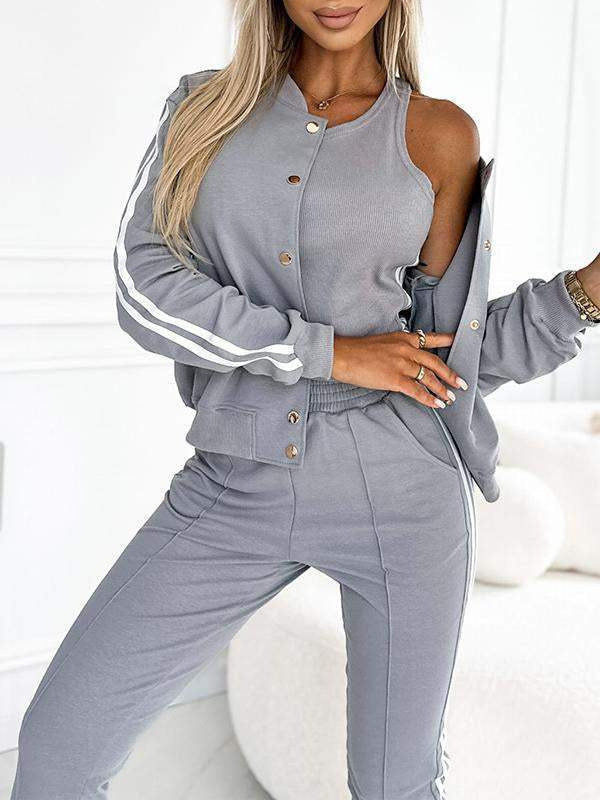 Damen nan sportliches Jogginganzug-Set mit Collegejacke, kurzes Top und slim-fit Jogginghose Echo Archiv