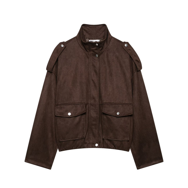 Damen Cropped Field-Jacke in Wildlederoptik mit Stehkragen, Schulterklappen und großen Pattentaschen Echo Archiv