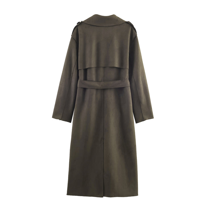 Damen Midilanger Mantel im Trench-Stil mit Bindegürtel und Schulterriegeln Echoarchiv