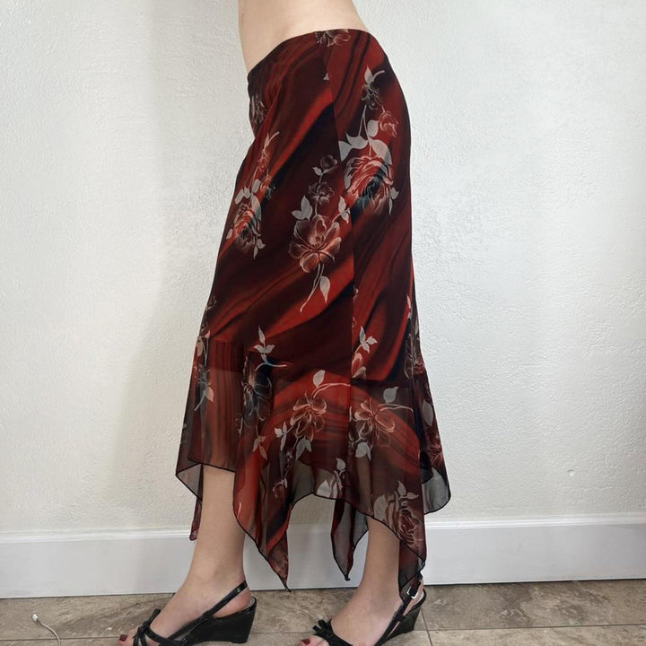 Damen Asymmetrischer Mesh-Midirock mit Volantstufen und floralem Muster Echo Archiv