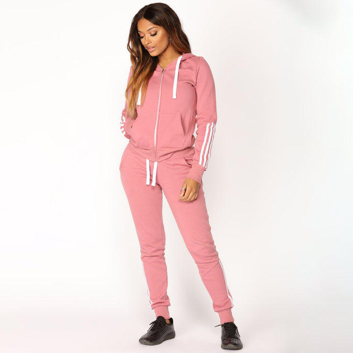 Damen sportliches Zip-Hoodie und Slim-Jogger-Set aus French-Terry mit kontrastierenden Streifen – Avérine