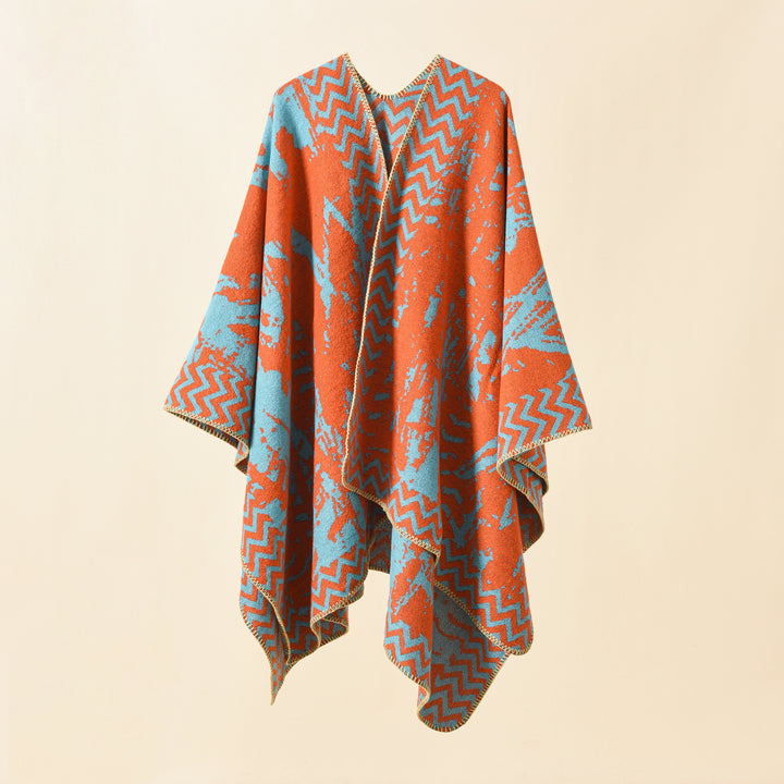 Damen Strick‑Ruana mit abstraktem Jacquard und Kettelsaum Echo Archiv