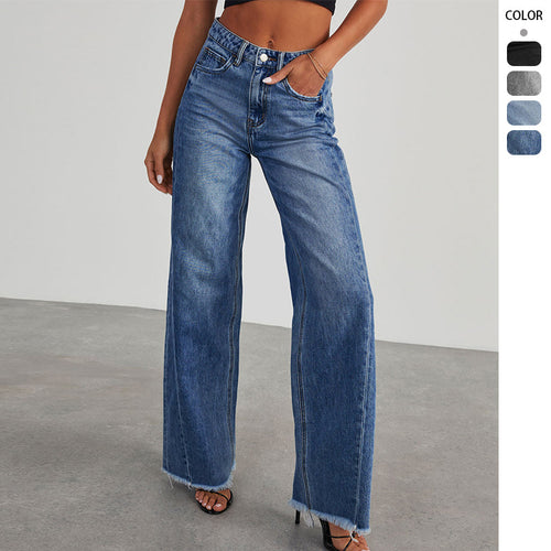 Damen nan hochgeschnittene Wide-Leg-Jeans mit rohem Fransensaum und geradem Bein Echo Archiv