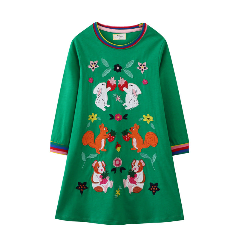 Mädchen Langarm-Kleid mit bunten Tier- und Blumenstickereien Echo Archiv