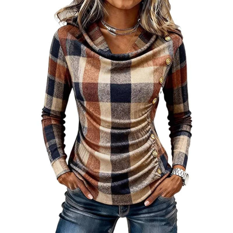 Damen Kariertes Langarm-Feinstrickshirt mit Wasserfallkragen und Zierknopfleiste Echoarchiv