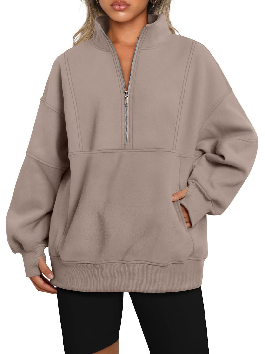 Damen Oversize-Sweatshirt mit halbem Reißverschluss, Stehkragen und Kängurutasche Echo Archiv