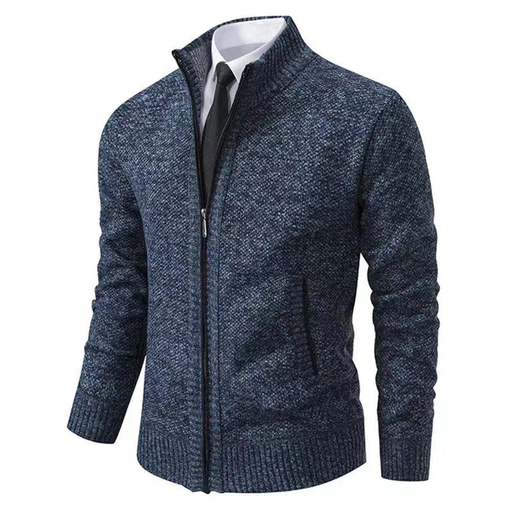 Herren nan melierte Strickzipjacke mit hohem Stehkragen, feiner Struktur und verdeckten Eingrifftaschen Echo Archiv