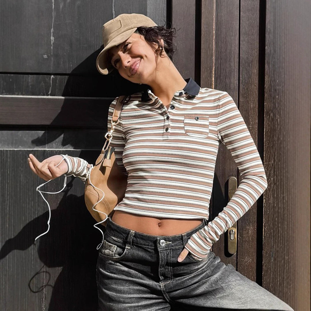 Damen nan gestreiftes Polo-Crop-Longsleeve mit kontrastkragen und Brusttasche Echo Archiv