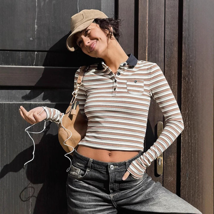 Damen nan gestreiftes Polo-Crop-Longsleeve mit kontrastkragen und Brusttasche Echo Archiv