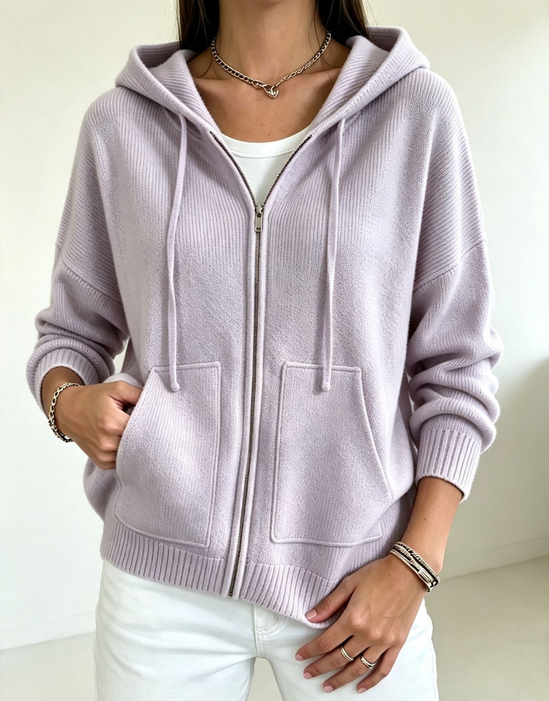 Damen Kapuzen-Wollmix Zip-Cardigan mit kastiger Passform und Kängurutaschen – Auréline