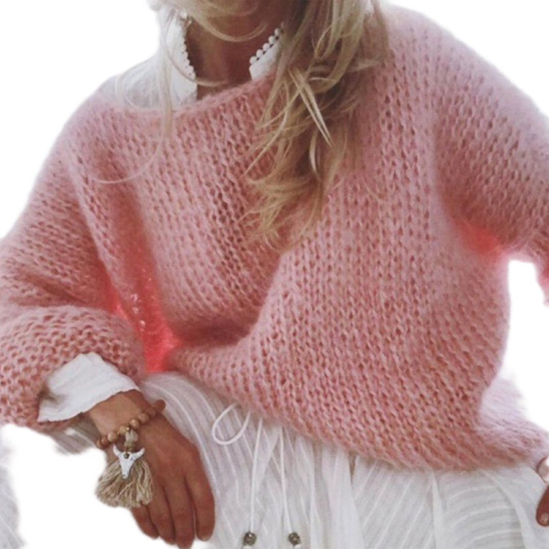 Damen Kurzgeschnitteter flauschiger Grobstrickpullover mit überschnittener Schulter – Mavelle