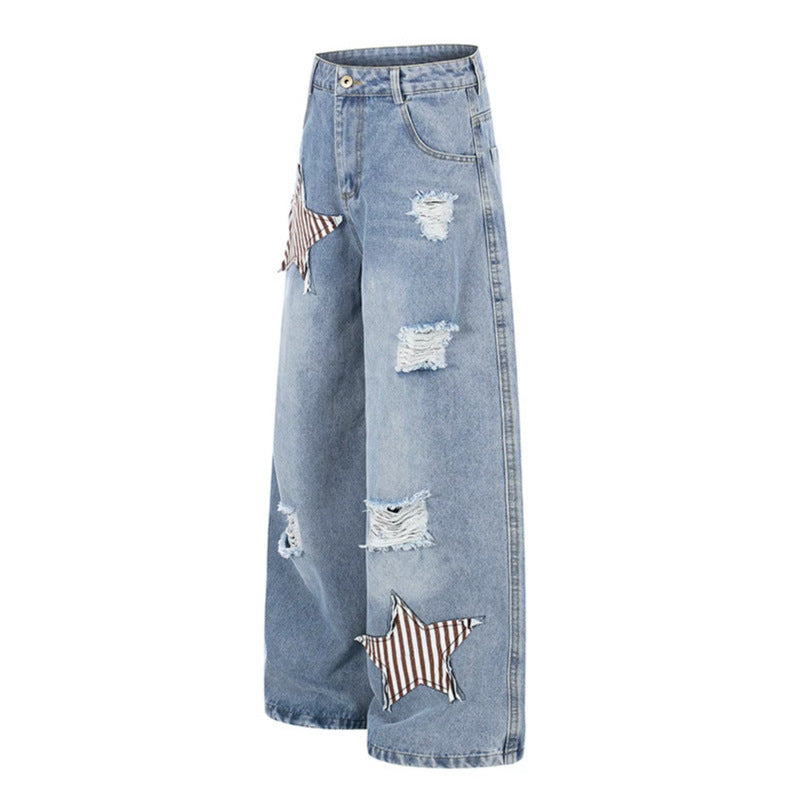 Damen weite hochgeschnittene Jeans mit Stern-Applikationen und Destroy-Effekt Echoarchiv