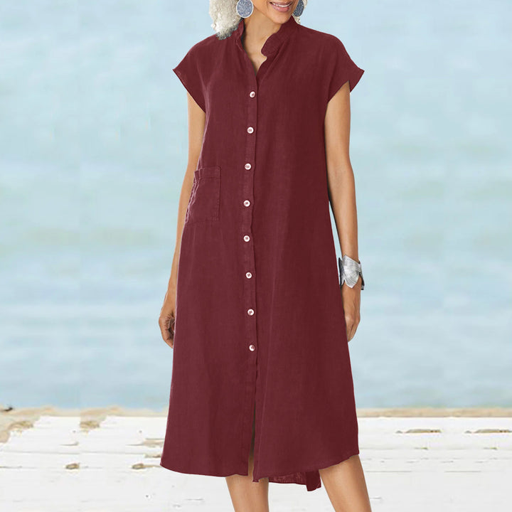 Damen lässiges Midi-Hemdkleid aus Leinen mit Knopfleiste und seitlichen Taschen Echo Archiv
