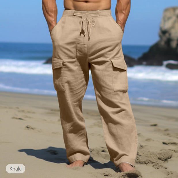 Herren weite Freizeit-Cargohose aus Leinenmix mit Tunnelzugbund, aufgesetzten Klappentaschen und entspanntem Strandfit – Bravaro
