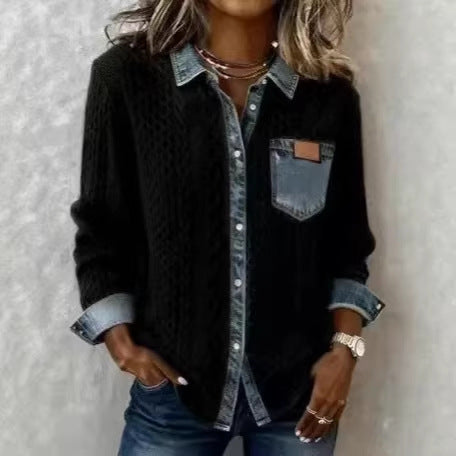 Damen nan geflochtener Strickpullover mit integriertem Jeanskragen und Brusttasche Echo Archiv