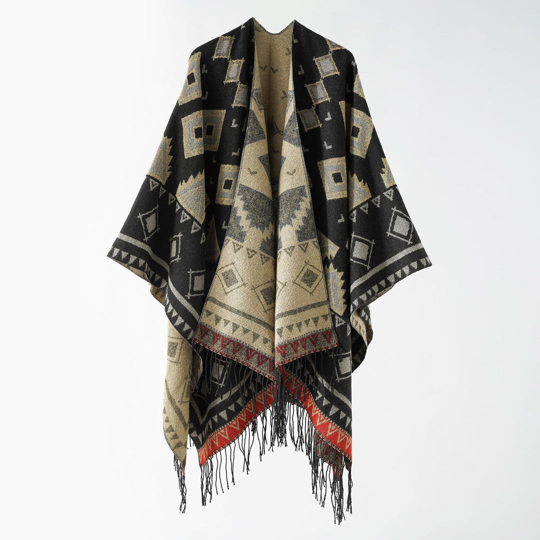 Damen Weichfallender Jacquard-Umhang im Ruana-Stil mit Fransen Echo Archiv