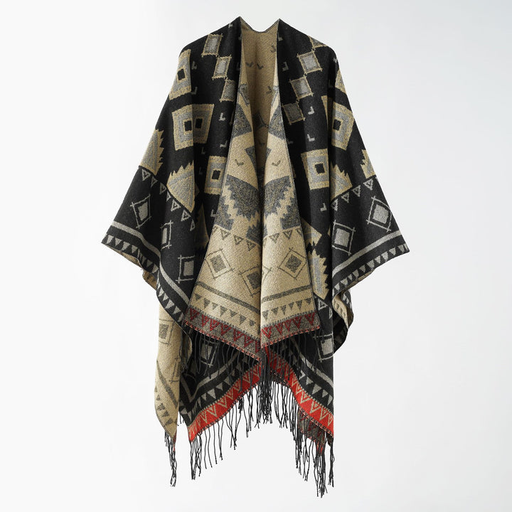 Damen Weichfallender Jacquard-Umhang im Ruana-Stil mit Fransen Echo Archiv